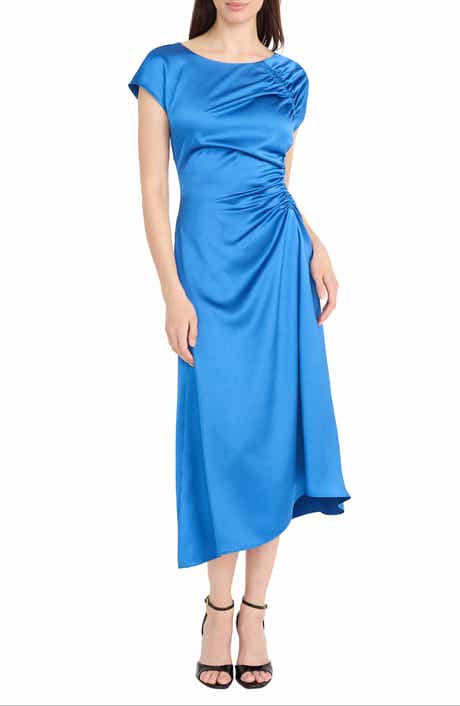 Maggy London Cap Sleeve Ruched Satin Cocktail Dress