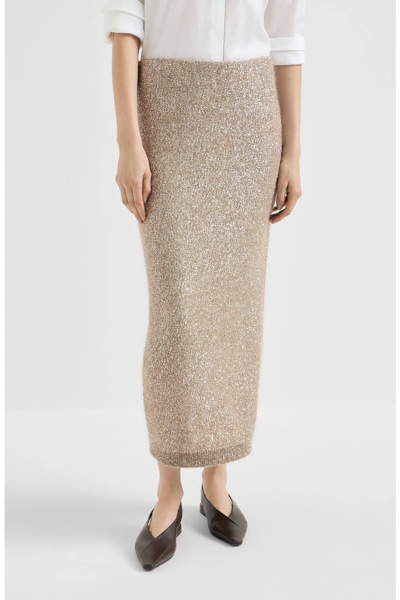Mohair and wool dazzling texture knit skirt with monili, Main, color, Light Brown