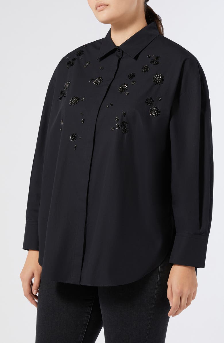 Marina Rinaldi Uganda Embellished Oversize Cotton Button-Up Shirt, Main, color, Black
