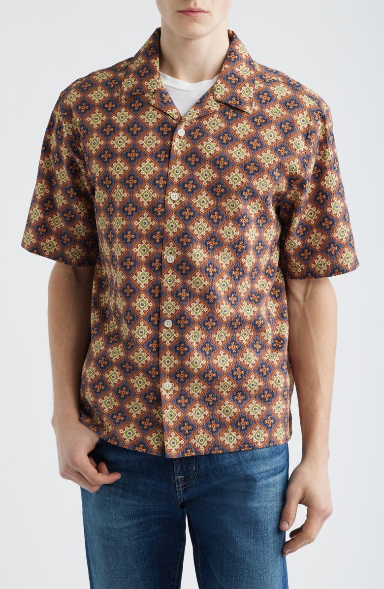 Wax London Didicot Cotton Seersucker Camp Shirt, Alternate, color, Rust / Multi