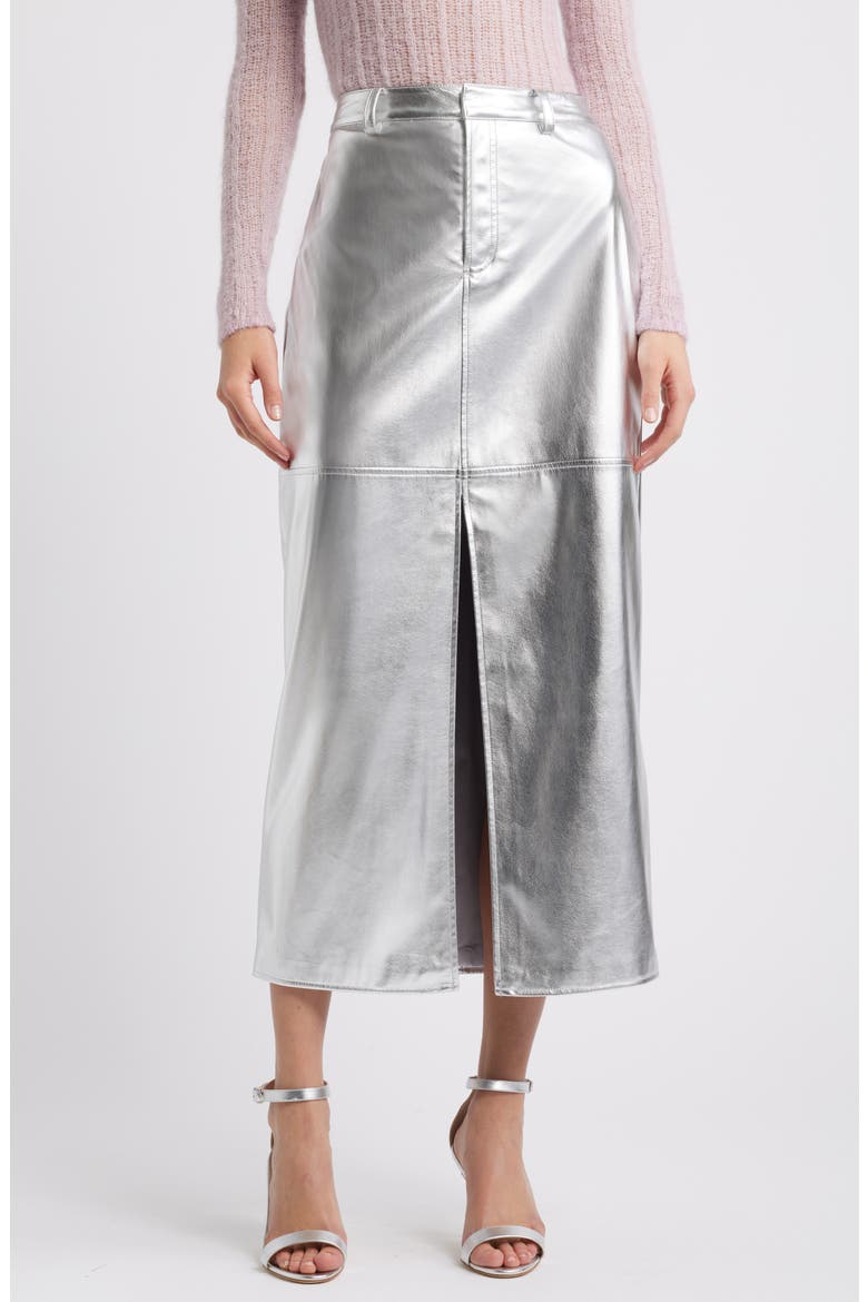 Metallic Faux Leather Midi Skirt, Main, color, SILVER METALLIC