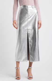 Open Edit Metallic Faux Leather Midi Skirt