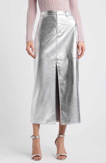 Open Edit Metallic Faux Leather Midi Skirt