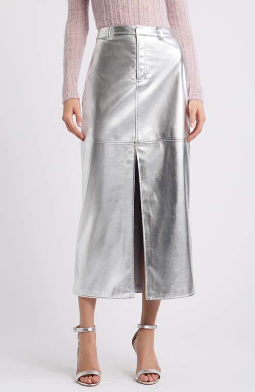 Open Edit Metallic Faux Leather Midi Skirt In Silver Metallic