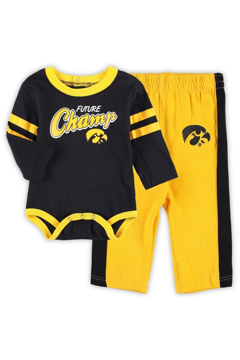 Newborn & Infant Black/Gold Iowa Hawkeyes Little Kicker Long Sleeve Bodysuit & Sweatpants Set, Main, color, Black