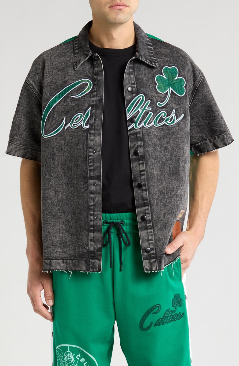 PURPLE BRAND Boston Celtics Mixed Media Short Sleeve Snap-Up Graphic Shirt, Alternate, color,