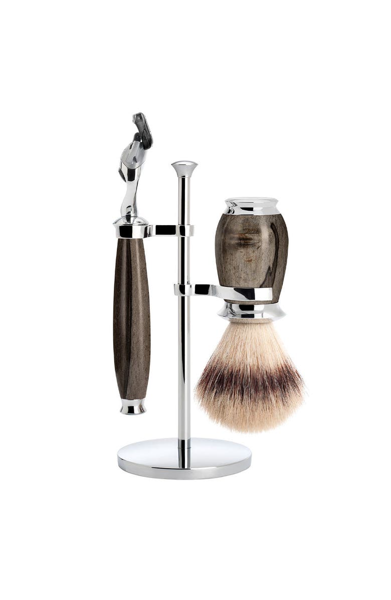 MÜHLE Purist Grained Beech Silvertip Fibre Brush and Fusion Razor Shaving Set, Main, color, Grained Beech