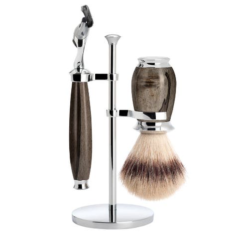 Purist Grained Beech Silvertip Fibre Brush and Fusion Razor Shaving Set