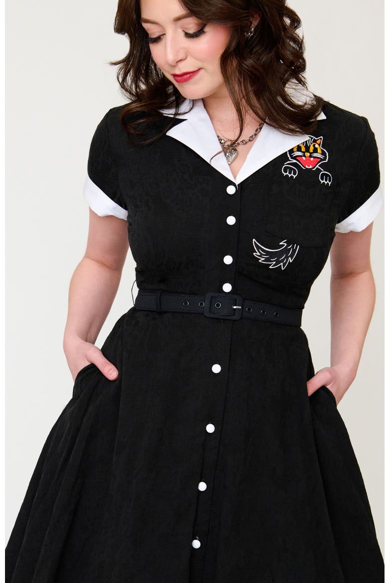 Collared Short Sleeved Belted Alexis Swing Dress, Alternate, color, Black w/ Cat Embroidered