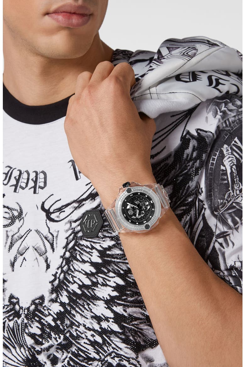 The Skull Plastic Strap Watch, 44mm, Alternate, color, TRANSPARENT