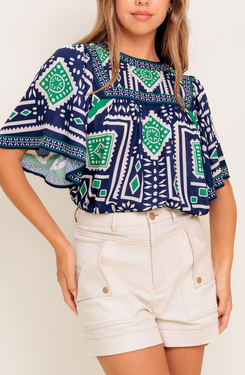 FLYING TOMATO Geometric Print Short Sleeve Top, Alternate, color, Navy