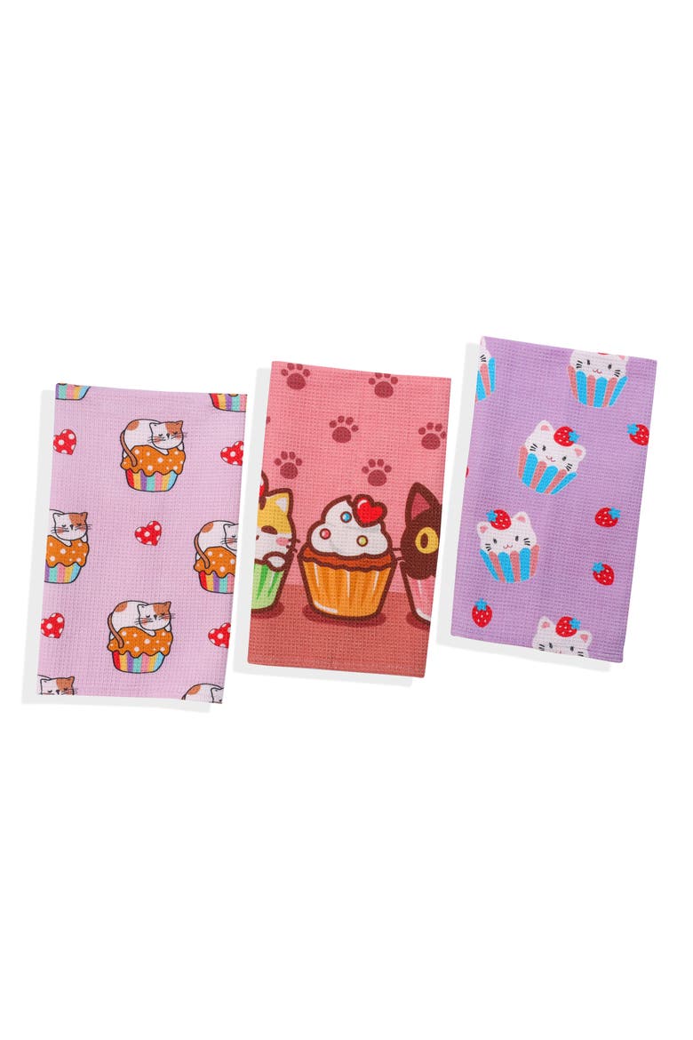 Set of Three Kawaii Cupcake Cat Kitchen Towels, Main, color, LAVENDER/ ROSE / MULTI