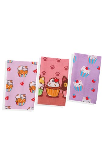 Tiramisu Kawaii Cupcake Cat Cotton Kitchen Towel Set In Multi