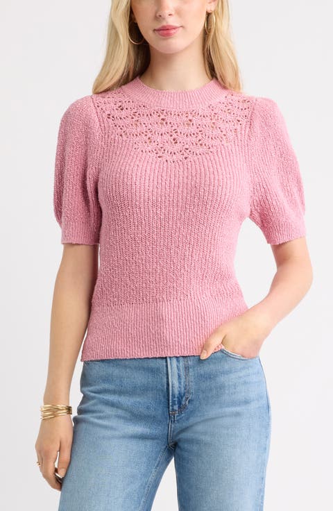 Pointelle Short Sleeve Cotton Sweater