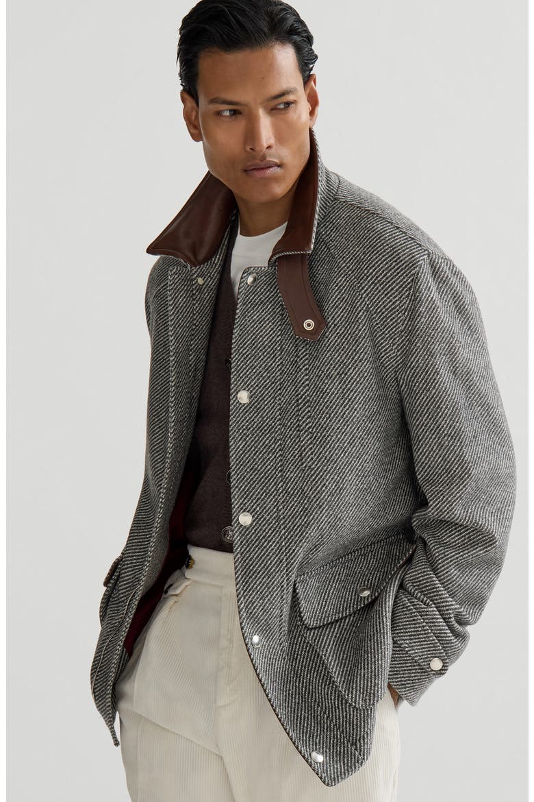 Cashmere and silk diagonal field jacket with nappa leather inserts, Alternate, color, Medium Grey