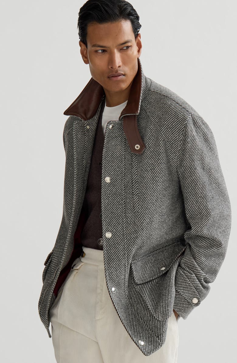 Brunello Cucinelli Cashmere and silk diagonal field jacket with nappa leather inserts, Alternate, color, Medium Grey