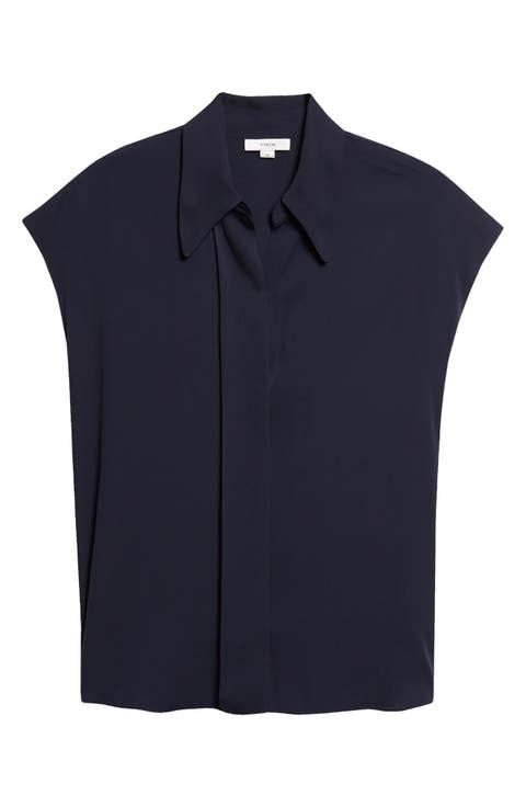Cap Sleeve Stretch Silk Button-Up Shirt