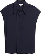 Vince Cap Sleeve Stretch Silk Button-Up Shirt
