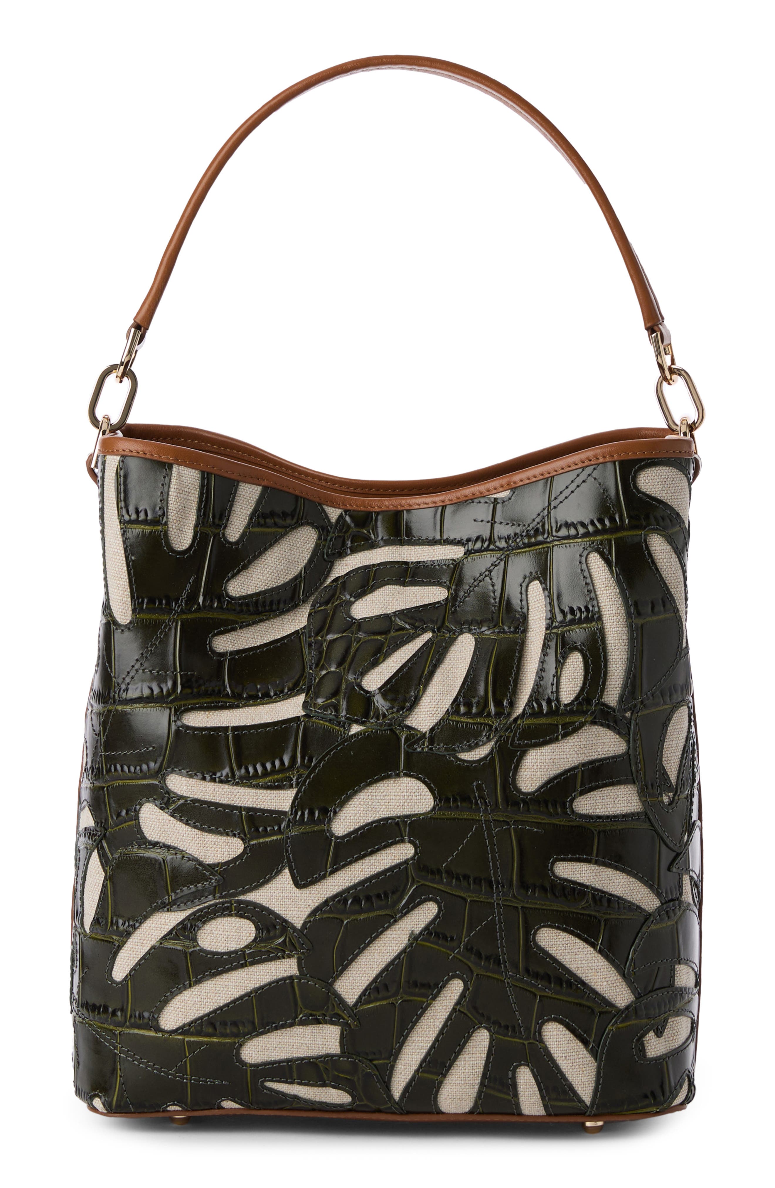 Brahmin Celina Croc Embossed Leather & Linen Bucket Bag, Main, color, 