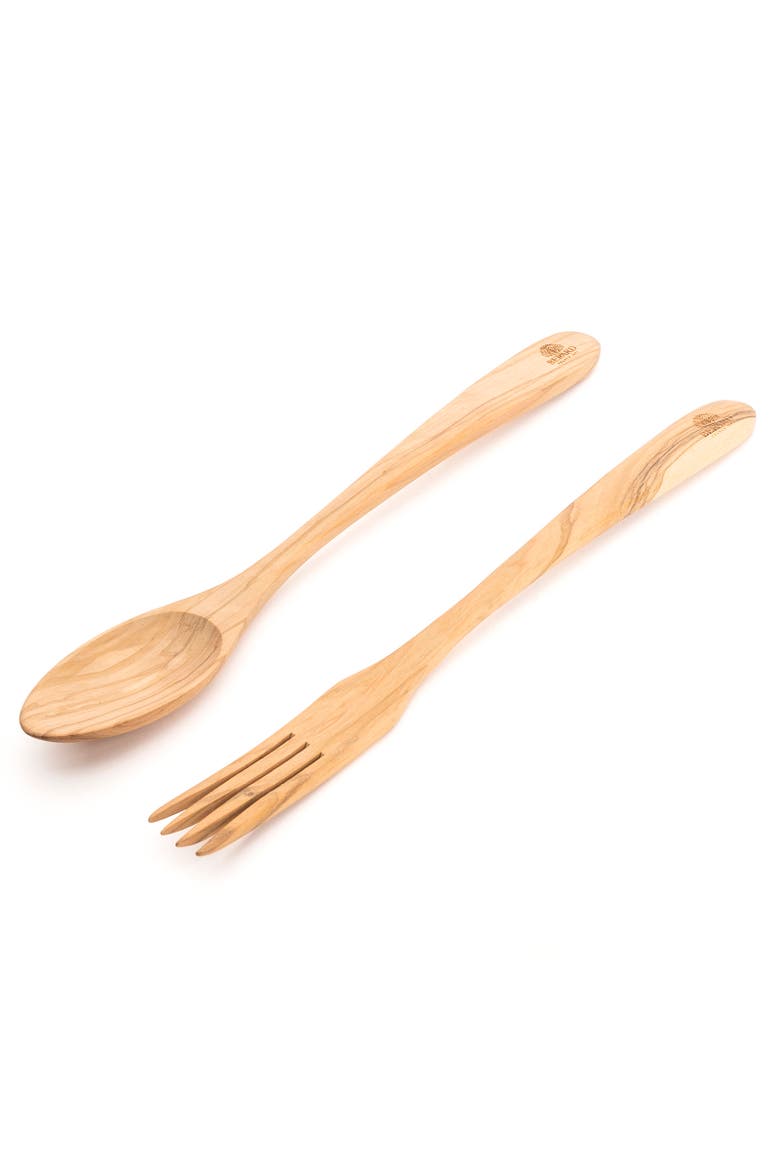Handcrafted Olive Wood 2 Piece Salad Serving Set, 14 Inch, Main, color, Brown