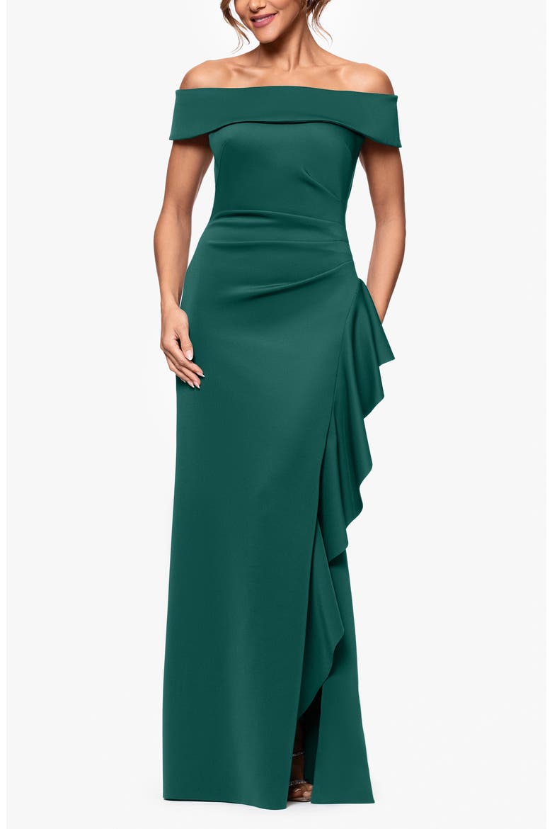 Ruffle Off the Shoulder Scuba Knit Gown, Main, color, HUNTER