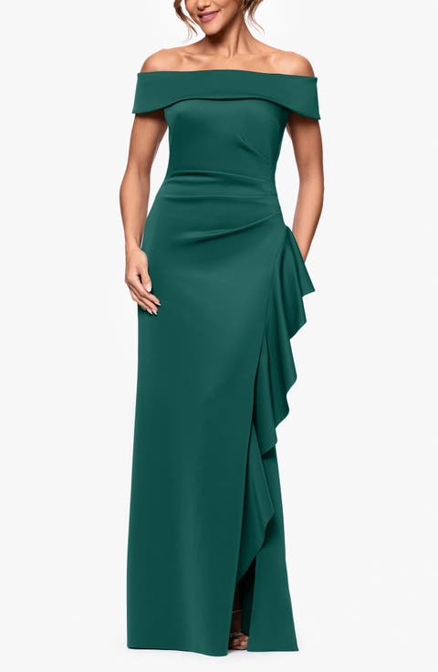 Ruffle Off the Shoulder Scuba Knit Gown (Regular & Petite)