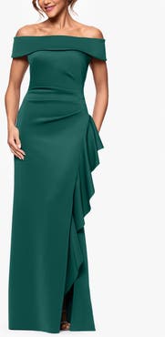 Xscape Evenings Ruffle Off the Shoulder Scuba Knit Gown