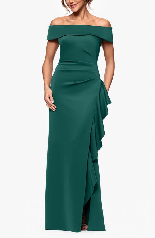 Xscape Evenings Ruffle Off The Shoulder Scuba Knit Gown In Green