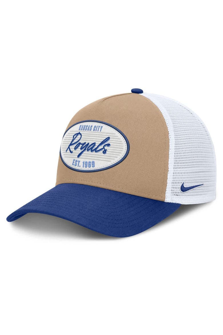 Men's Nike  Khaki/Royal Kansas City Royals Rise A-Frame Trucker Adjustable Hat, Main, color, Khaki