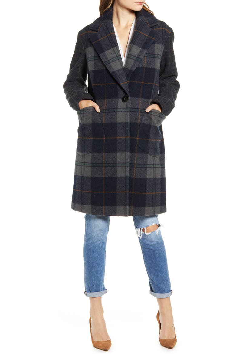Plaid Brushed Wool Coat, Alternate, color, NAVY PLAID