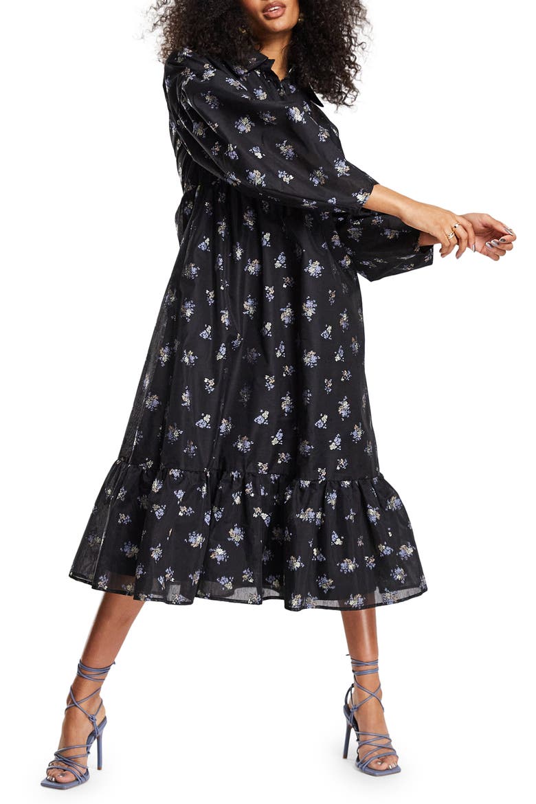 Collared Drop Shoulder Midi Dress, Alternate, color, BLACK