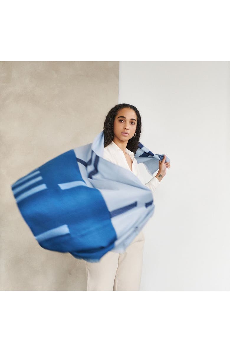 Studio Variously Harbor Blue Silk Merino Hand Woven Hand Embroidered Modern Artisanal Scarf, Alternate, color, Blue