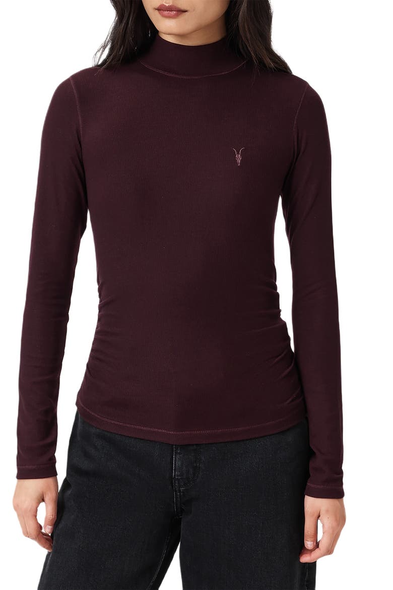 Rina Mock Neck Long Sleeve Rib Top, Main, color, OXBLOOD RED