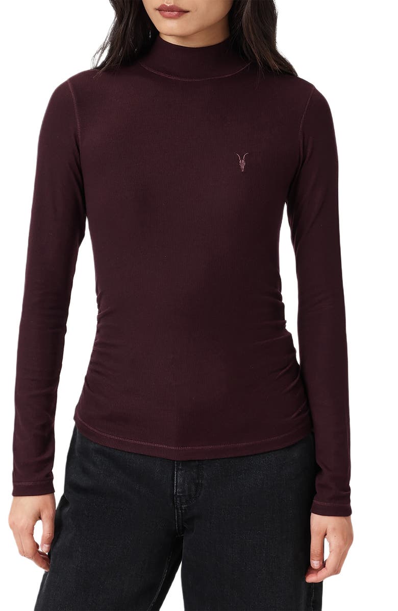 AllSaints Rina Mock Neck Long Sleeve Rib Top, Main, color, Oxblood Red