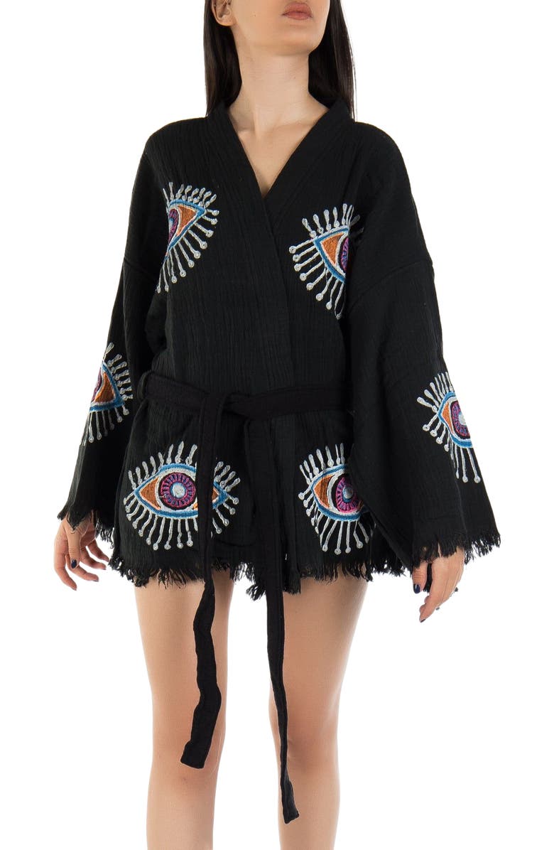 Forever & Always Shoes Sereia Evil Eye Handmade Cotton Short Robe Cover-Up, Alternate, color, Black