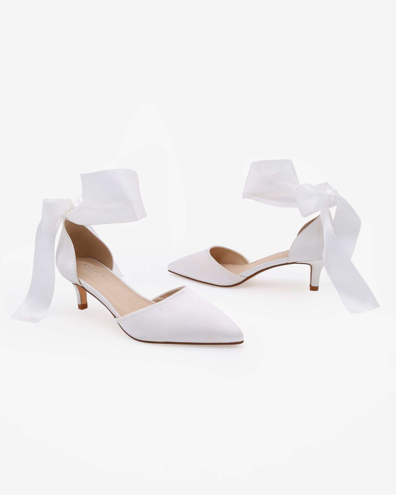 Kailee P Farah Satin Pointy Toe Kitten Low Heel with Wrapped Satin Ribbon Tie, Alternate, color, White