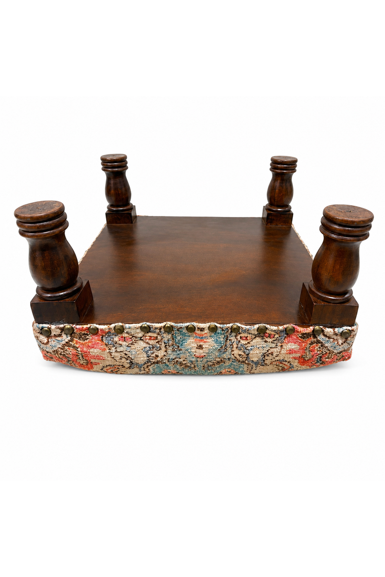 Printed Upholstered Foot Stool with Acacia Wood Frame, Alternate, color, Brown
