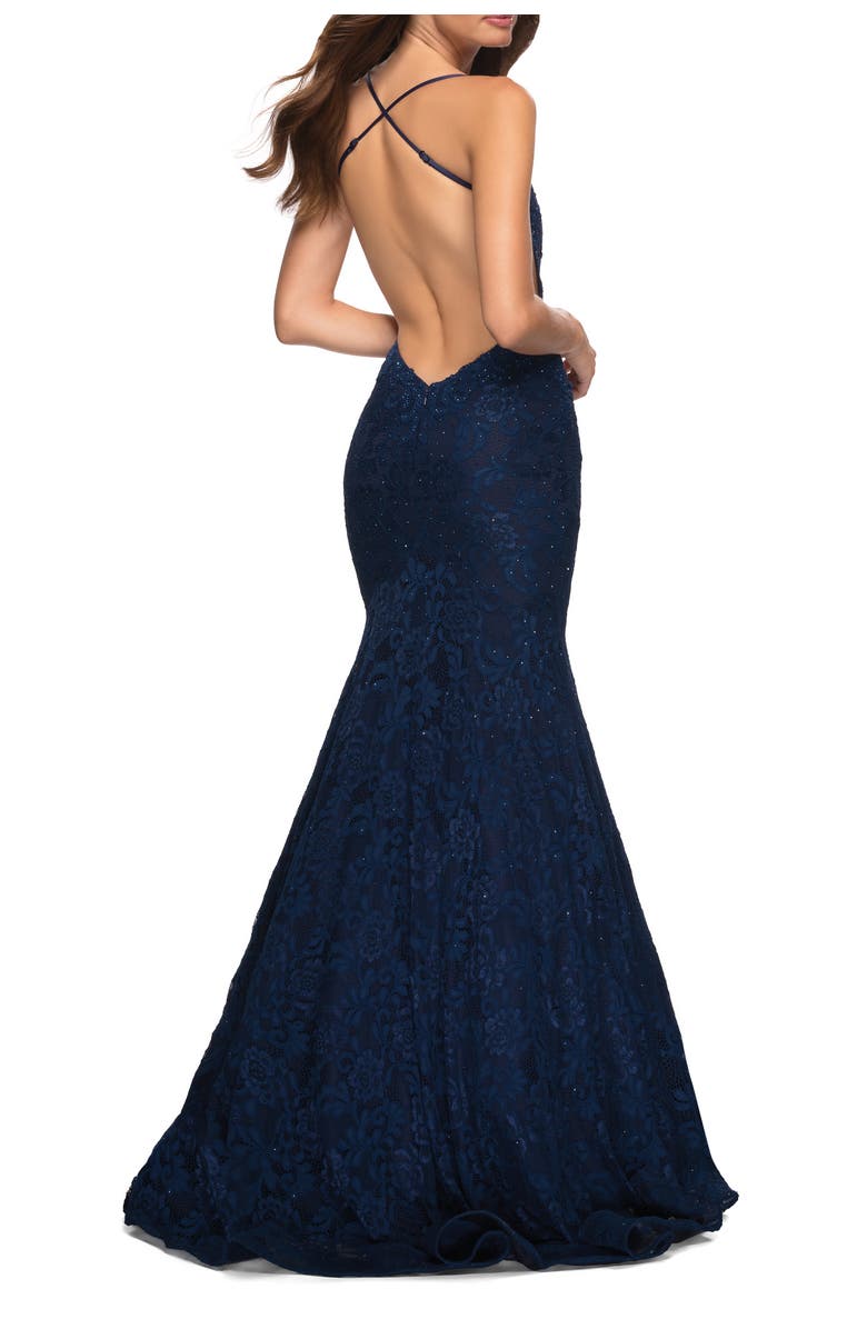La Femme Mermaid Lace Gown with Sheer Bodice and Open Back, Alternate, color, Navy