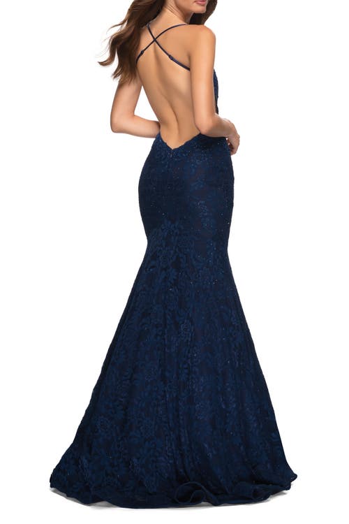 La Femme Mermaid Lace Gown With Sheer Bodice And Open Back In Navy
