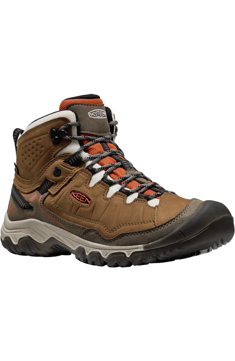 KEEN Targhee IV Mid Waterproof Hiking Boot, Main, color, Coyote/ Gold Flame