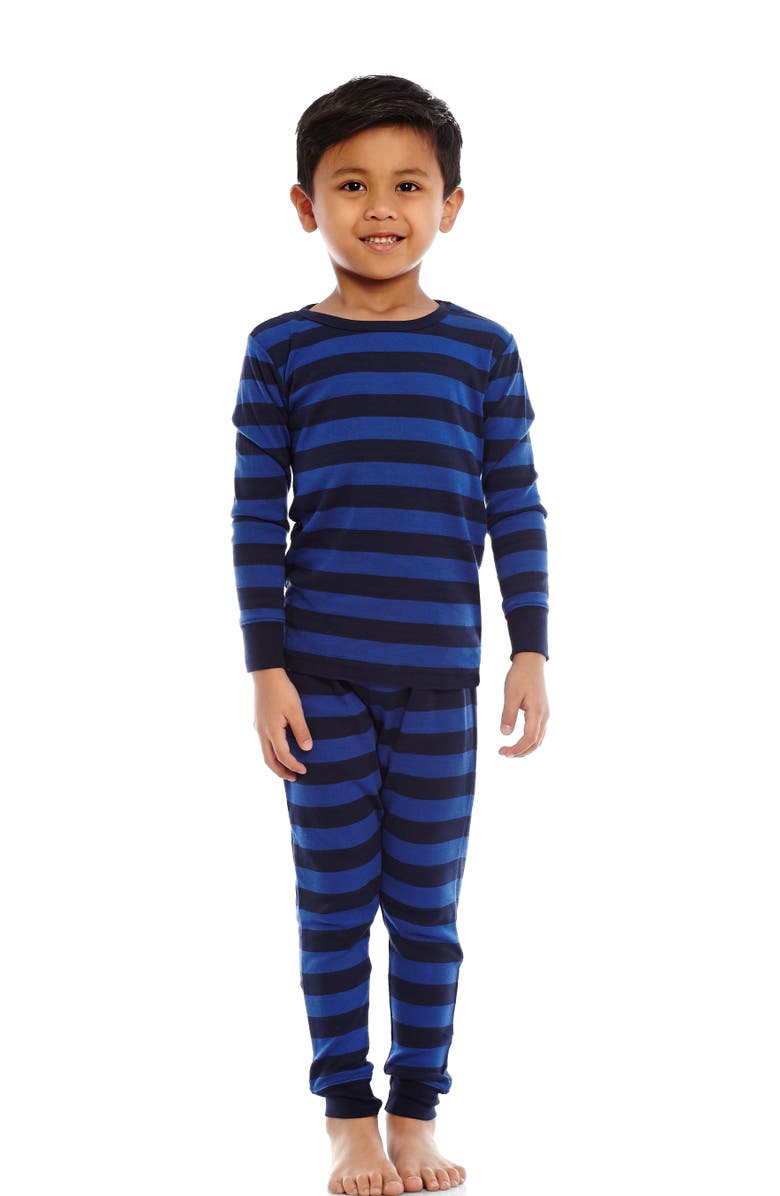 Leveret Kids Cotton Two-Piece Pajamas, Stripes, Solids & Tie Dye, Main, color, Striped Blue & Navy