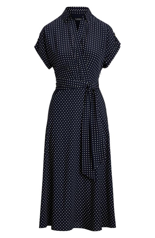 Shop Ralph Lauren Lauren  Polka Dot Crêpe De Chine Midi Dress In Navy/cream