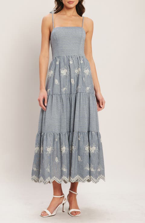 Stripe Floral Embroidered Tie Shoulder Midi Dress