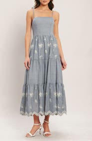 FLYING TOMATO Stripe Floral Embroidered Tie Shoulder Midi Dress