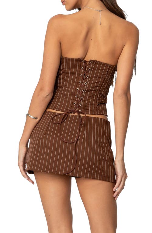 Shop Edikted Jennifer Pinstripe Lace-up Strapless Corset Top In Brown