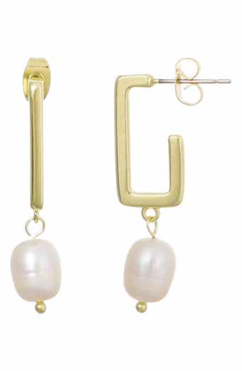 14K Gold Plated Freshwater Pearl Drop Hoop Earrings
