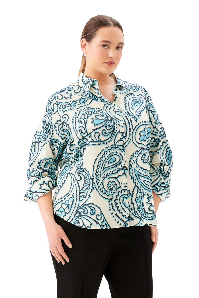 Ruched Sleeve Cotton Button-Up Shirt, Alternate, color, PRINT