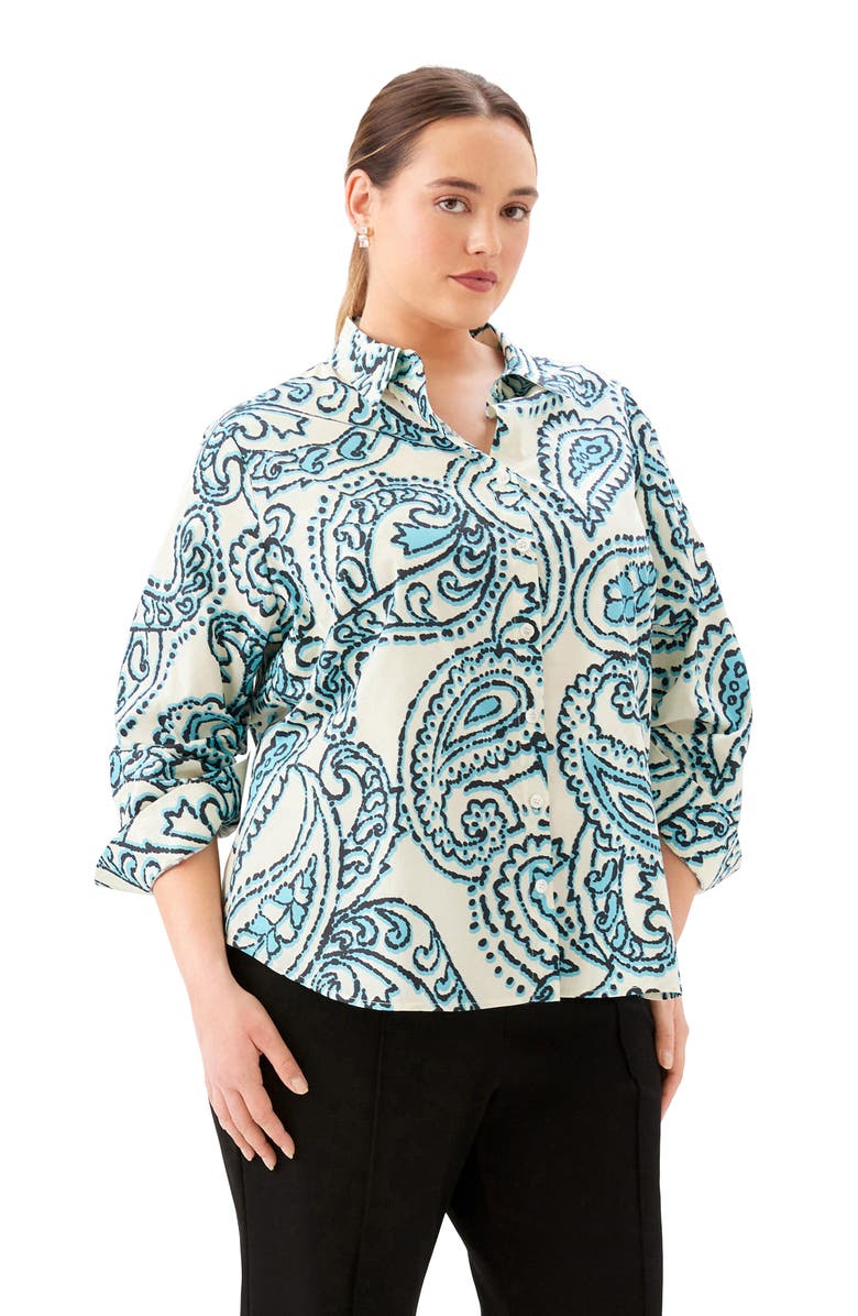 Karen Kane Ruched Sleeve Cotton Button-Up Shirt, Alternate, color, Print
