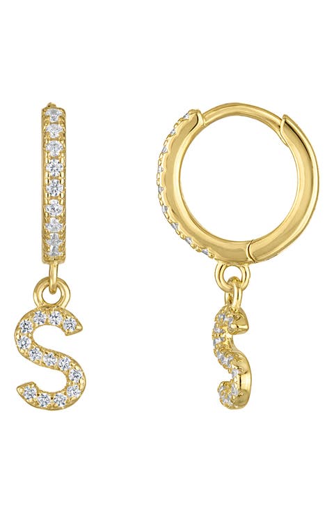 Pavé Cubic Zirconia Initial Huggie Drop Earrings