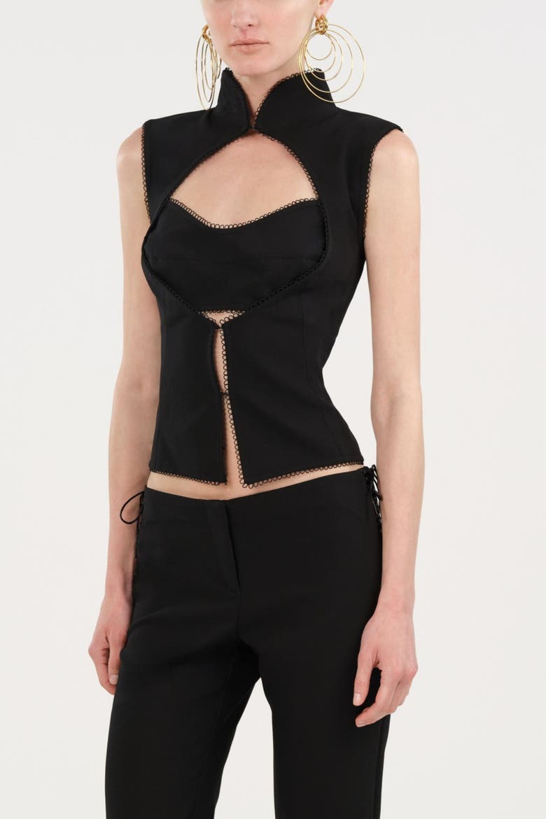 Braid-Trim Bustier Top with Built-In Bra, Alternate, color, Black